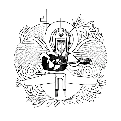 A Sketch Style Tattoo Of A John Butler Trio Album Cover Featuring Indigenous Artwork And A Guitar