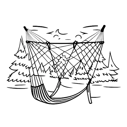 A Minimalist Tattoo Of A Dog Sitting In A Hammock Between Two Trees