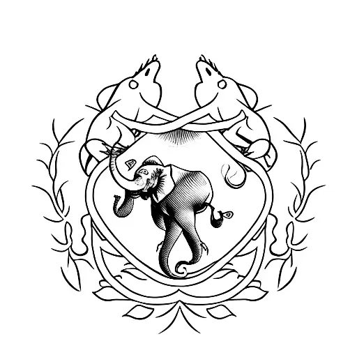 Family Crest With Fish And Elephant Head With Last Name Massey On It