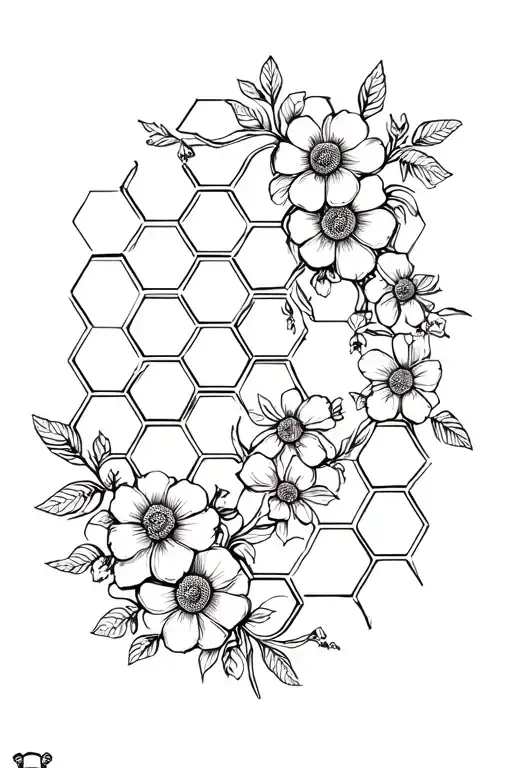 A Geometric Honeycomb Pattern With Intricate Flowers And Bees Intertwined