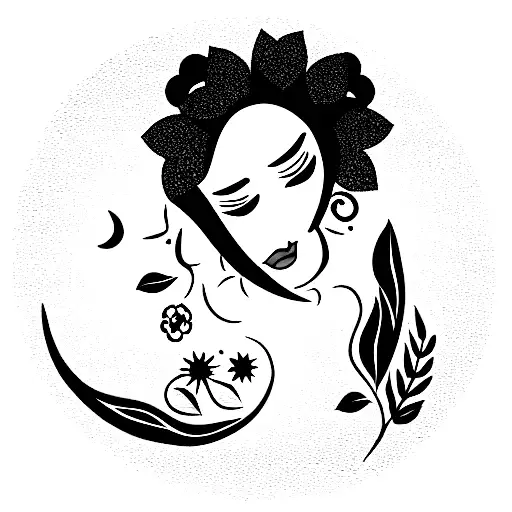 Afro Latina Woman With A Crescent Moon On Her Forehead And Flowers In Her Hair