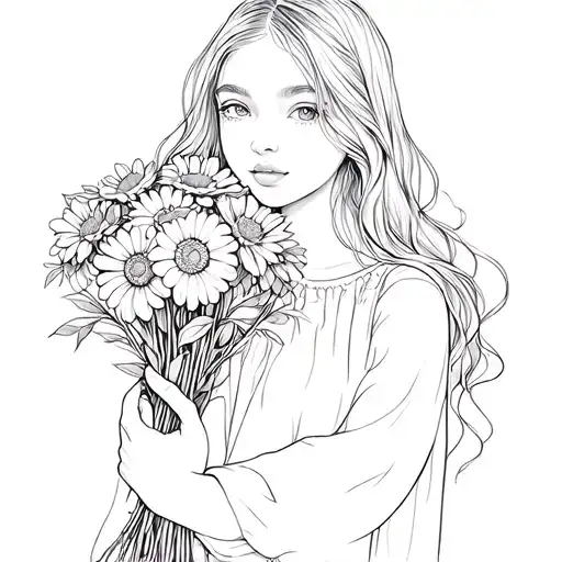 Beautiful Young Long-haired Girl With A Bouquet Of Flowers In Her Hand