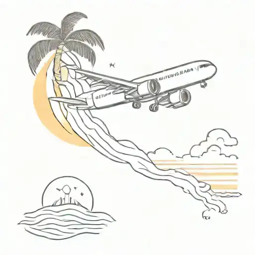 A Airplane Flying Over A Tropical Beach At Sunset Sky