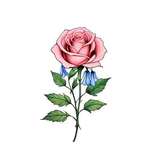 One Rose With One Bluebell Flower Intertwined