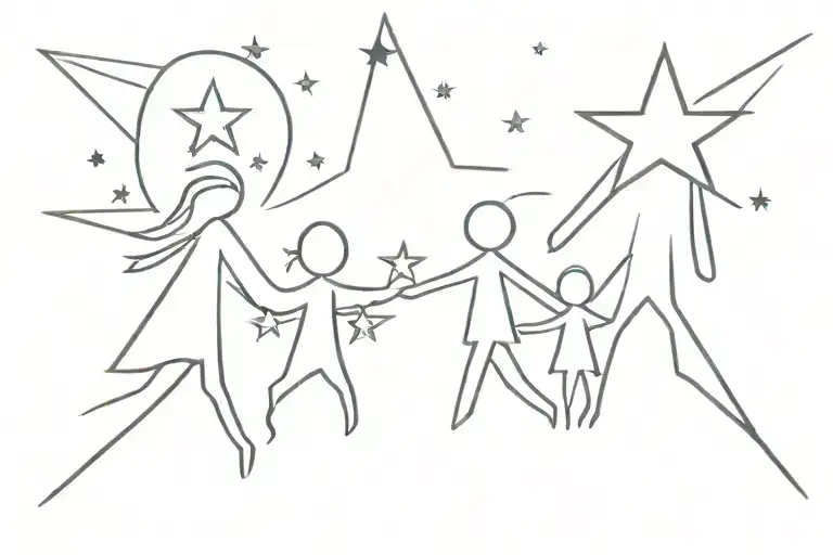 Silhouette Of Father Mother And Two Kids With Three Stars In The Sky
