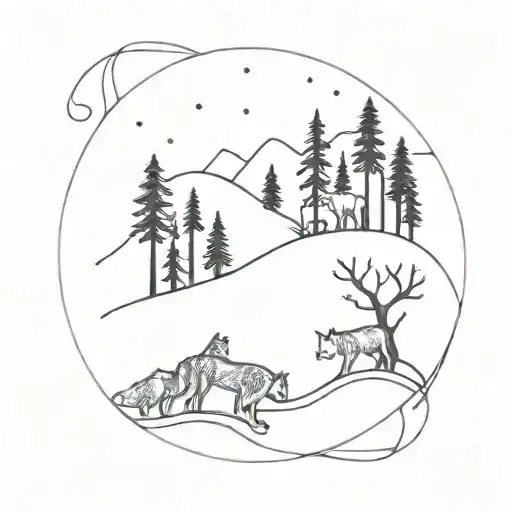 A Minimalist Tattoo Of A Forest Scene With Wolves Playing Musical Instruments Like Drums And Guitars