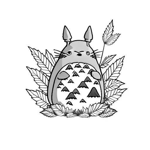 A Minimalist Tattoo Of Totoro Sitting On A Marijuana Leaf In A Nature Setting