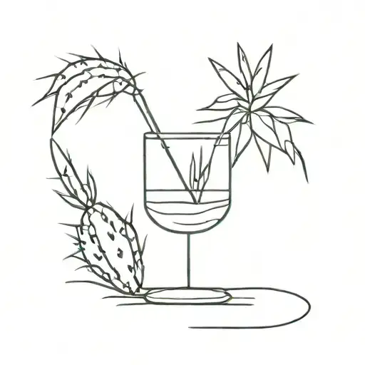 A Minimalist Tattoo Of A Cactus Plant With A Cocktail Glass Hidden Among The Spikes