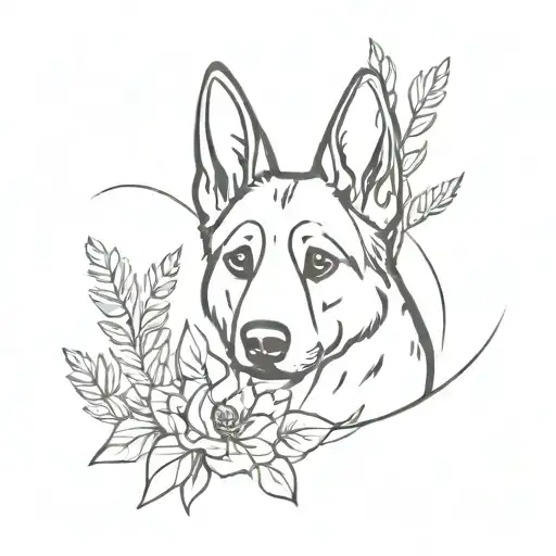 A Minimalist Tattoo Of A German Shepherd And A Plant Intertwined In A Unique Design