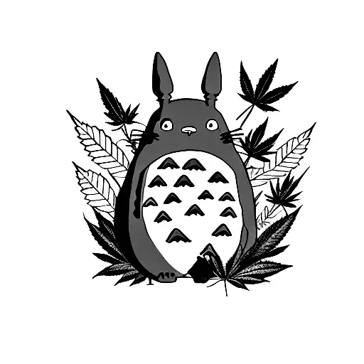 A Minimalist Tattoo Of Totoro Sitting On A Marijuana Leaf In A Nature Setting