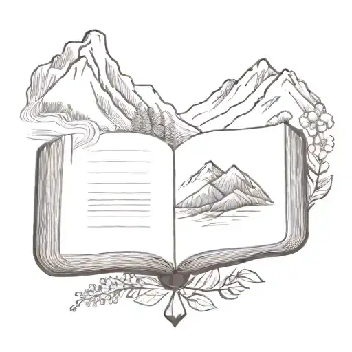 A Minimalist Tattoo Of An Open Book With A Mountain Landscape On Top And Flowers Draping Below
