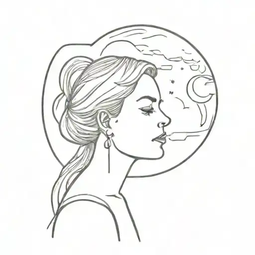 Small Drawing Of Girl Looking Out Her Window At The Moon
