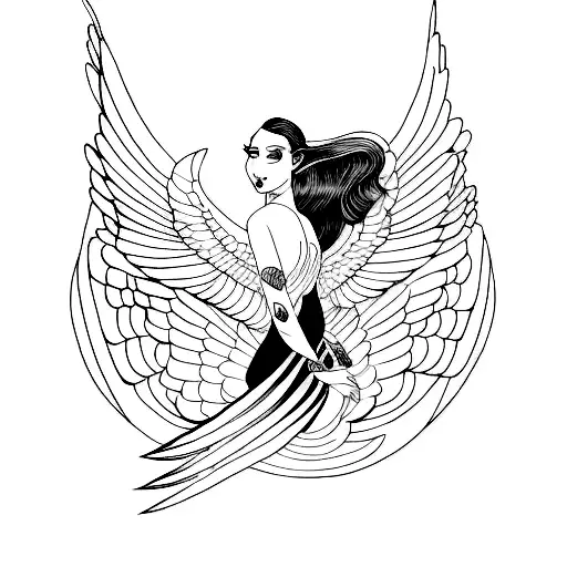 A Black And White Drawing Of A Woman With Wings In Full Growth