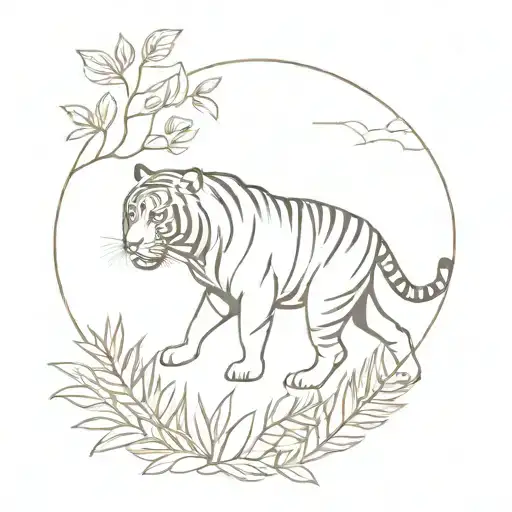 A Minimalist Tattoo Of A Tiger's Silhouette Surrounded By The Lush Nature Of Thailand