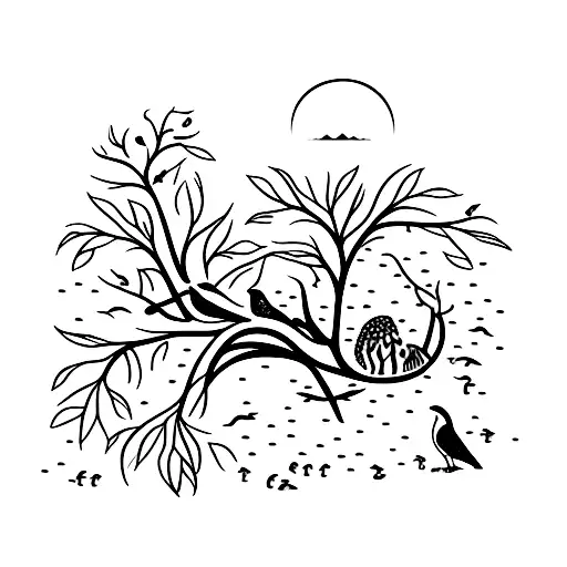 Design Of A Tree Branch With Animals And Vegetation