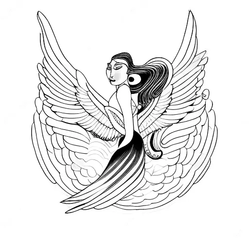 A Black And White Drawing Of A Woman With Wings In Full Growth