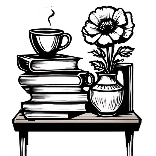 Stack Of Books On A Shelf With A Coffee Cup And A Poppy Flower In A Vase