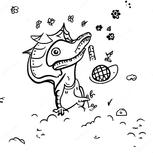 A Whimsical Scene Of A Dinosaur Playing Basketball Surrounded By Flowers