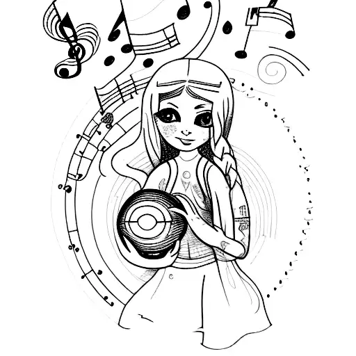 A Sketch-style Tattoo Of Your Daughter Ana Holding A Globe And Surrounded By Musical Notes