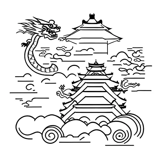 Japanese City With Dragon And Samurai Behind The Sky Building