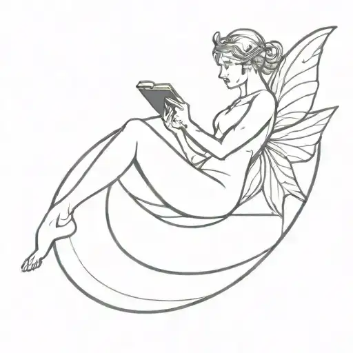 Fairy Sitting On Crescent Moon Reading A Book