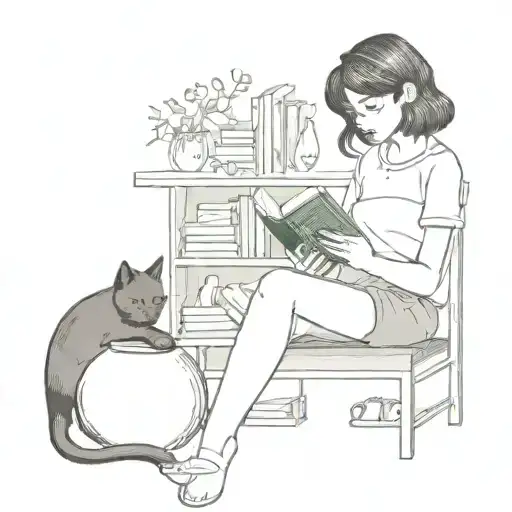 Books And Black Cat And Tea And A Woman Reading Book