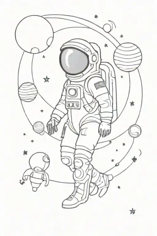 Simple Astronaut With Planets And Stars Orbiting Around It