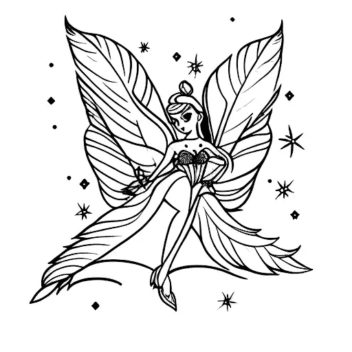 A Creative Tattoo Design Combining Tinker Bell And A Purple Feather