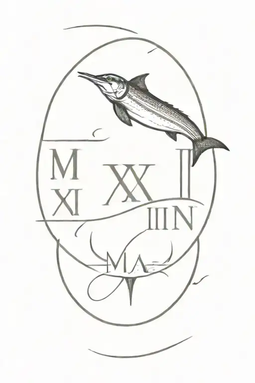 Roman Numeral Rectangle Date With Marlin Swimming On Both Sides