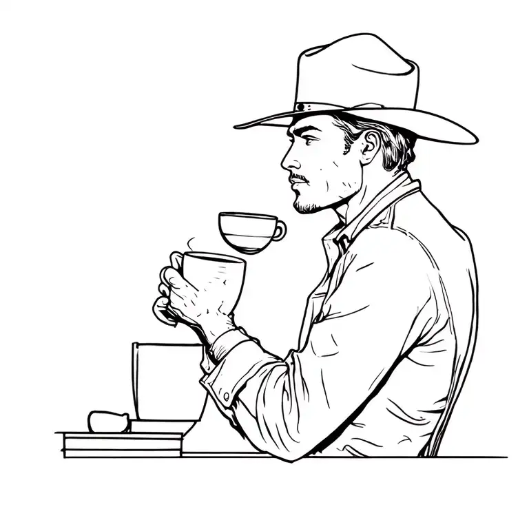 Cowboy Sat Drinking Coffee Looking Into The Distance