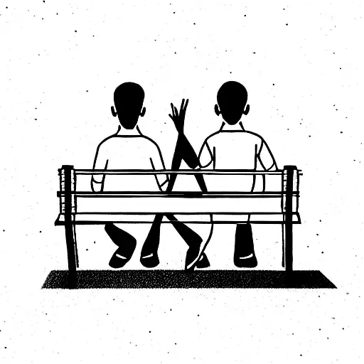 3 Adult Male Friends On A Bench From Behind & Bachha Party Written On The Bench