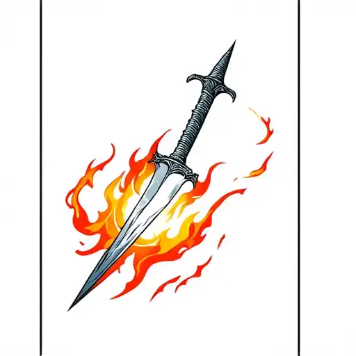 Broken Sword In Fire Flames With Moon Surrounded