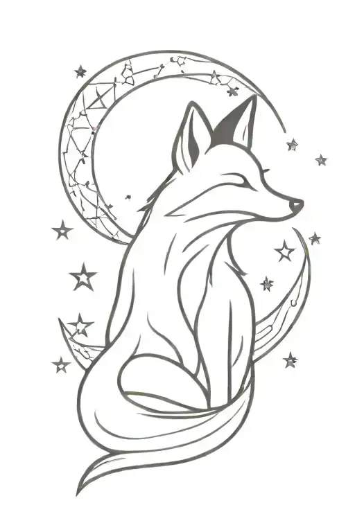 A Fox With Stars And The Moon In Fine Lines