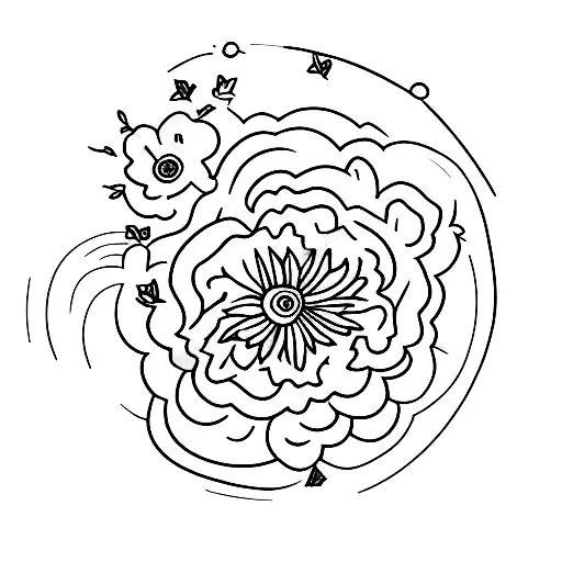 A Minimalist Tattoo Of A Manager's Desk With Flowers And Travel Souvenirs Scattered On It