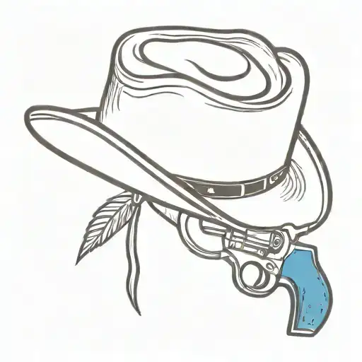 A Minimalist Tattoo Of A Cowboy Hat And Revolver With A Thin Blue Line Representing Law Enforcement