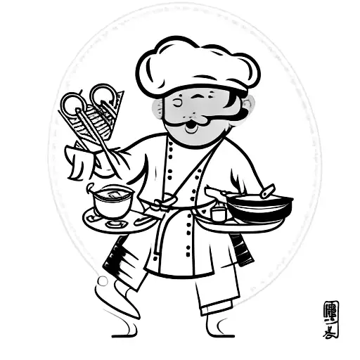 A Chef Cooking In A Traditional Japanese Kitchen With Folklore Creatures Assisting