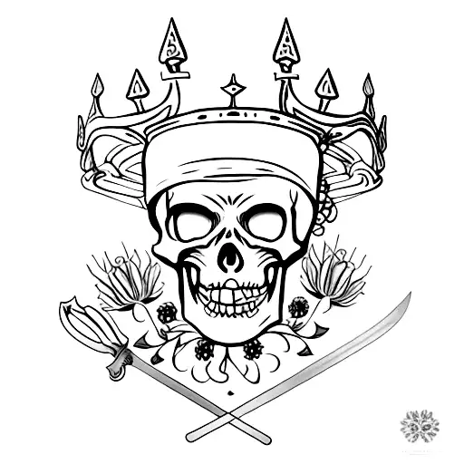 Skeleton Wearing An Iron Crown With A Sword Lying In Wildflowers With Pomegranates