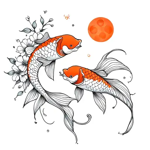 Two Koi Fish With Flowers And A Sun And Moon