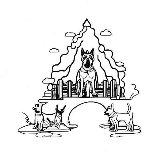 A Group Of Six Protector Dogs Standing Guard At The Entrance Of A Mystical Tunnel