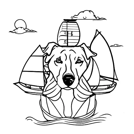 A Minimalist Tattoo Of A Sailing Ship With A Dog As The Captain