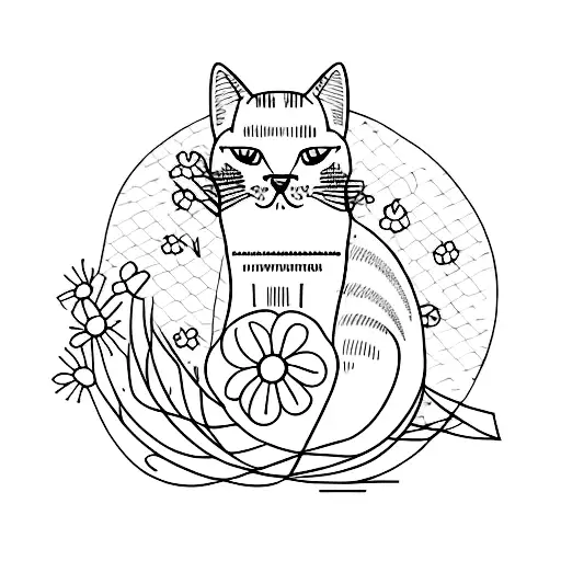 A Minimalist Tattoo Of A Cat Sitting In A Field Of Wild Flowers