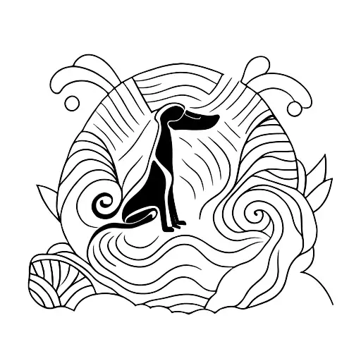 A Minimalist Tattoo Featuring A Black Lab Retrieving A Duck In A Calm Lake Surrounded By Trees