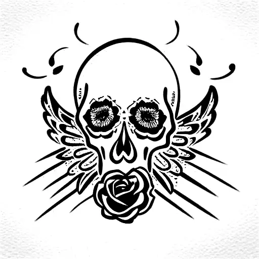 Skull With Roses And Angel Wing