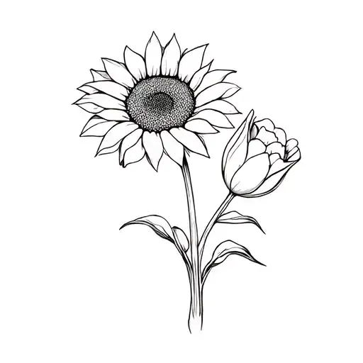Sunflower And Tulip Line Tattoo Design