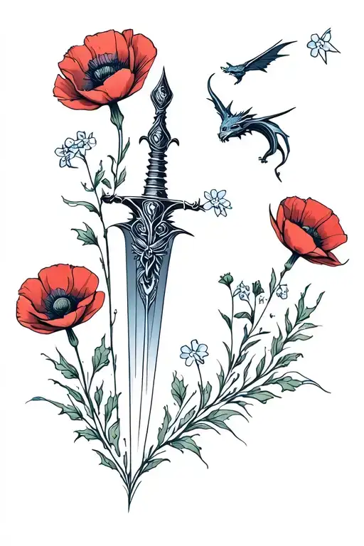 Dagger And Poppies And Forget Me Nots With Small Dragons Flying Around