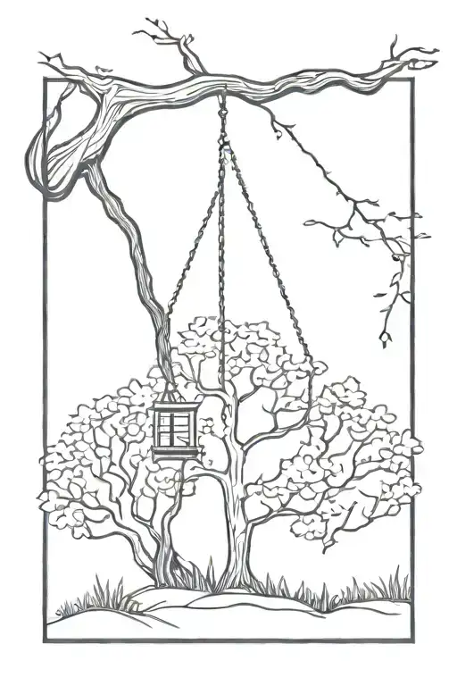 Tree Swing Hanging From A Tree In A Forest With Vines Growing