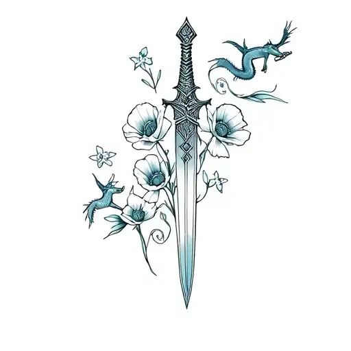 Dagger And Poppies And Forget Me Nots With Small Dragons Flying Around