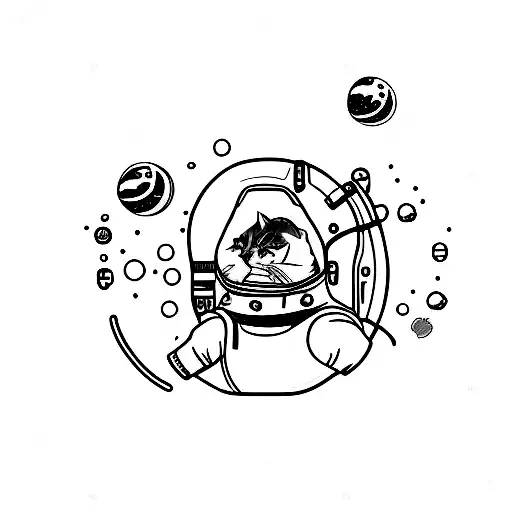 A Minimalist Tattoo Of A Cat Wearing A Spacesuit And Floating In Zero Gravity