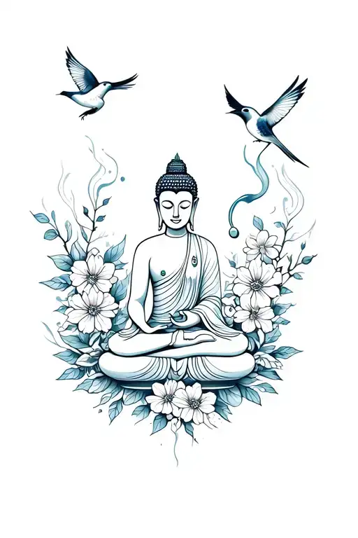A Female Buddha Surrounded By Flowers And Birds Smoking An Incense