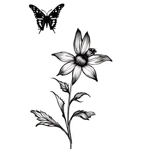 Butterfly And Bee Flying Around A Flower